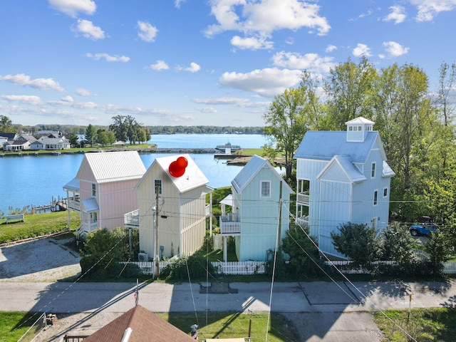 aerial view featuring a water view