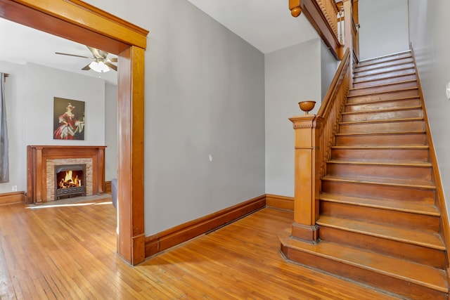 stairs featuring hardwood / wood-style floors and ceiling fan