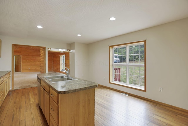 kitchen with an island with sink, light hardwood / wood-style floors, and sink