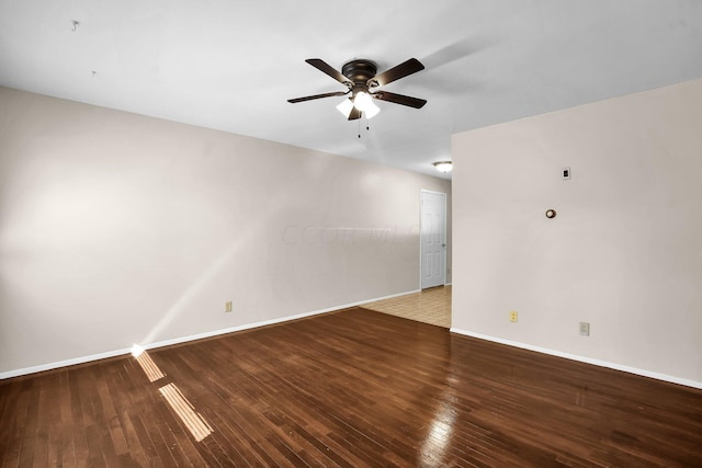 empty room featuring ceiling fan and dark hardwood / wood-style flooring