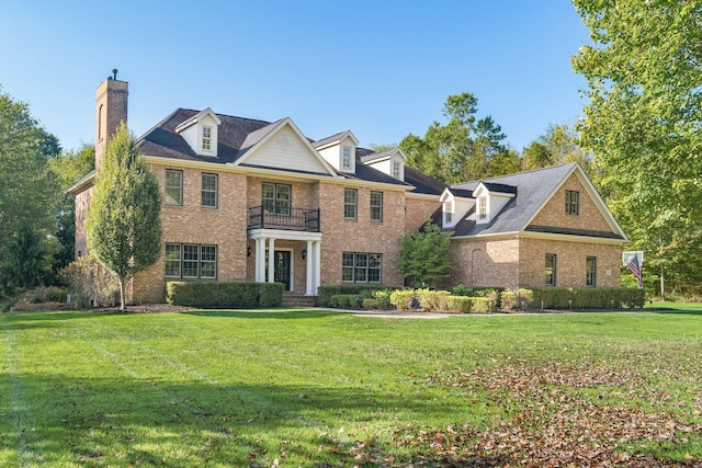 view of front facade with a balcony and a front yard