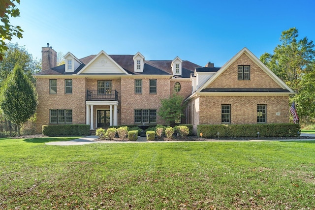 view of front of home with a front yard and a balcony