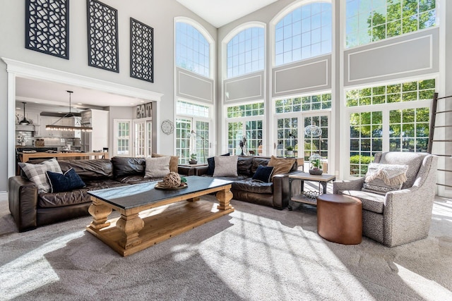 carpeted living room featuring french doors, a towering ceiling, and a healthy amount of sunlight