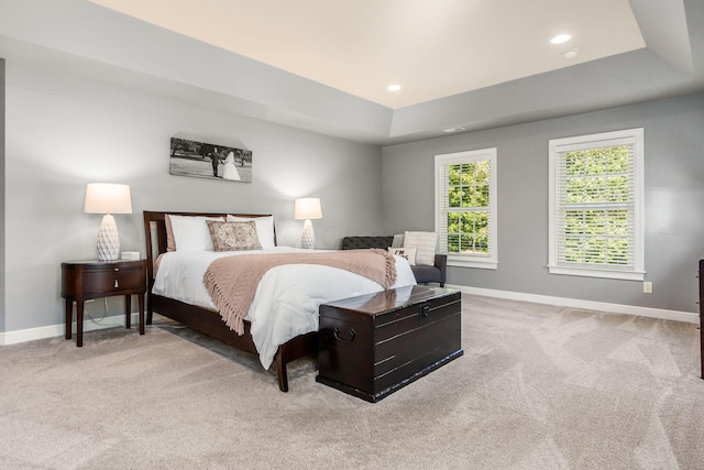 carpeted bedroom featuring a tray ceiling