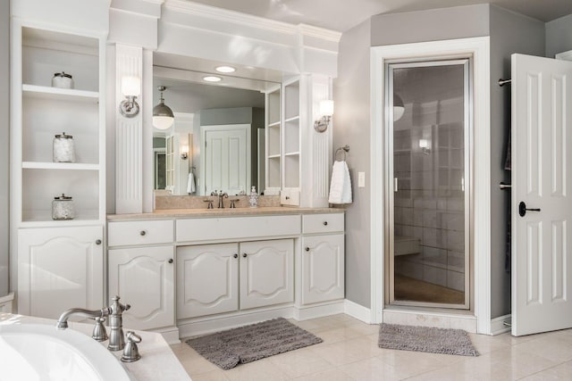 bathroom featuring tile patterned flooring, vanity, and independent shower and bath