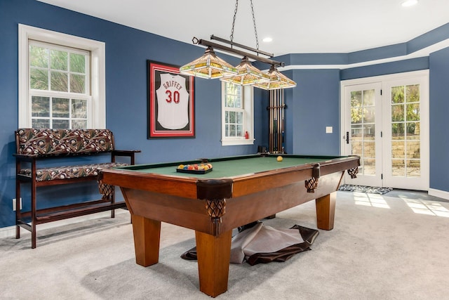 rec room featuring light carpet and billiards