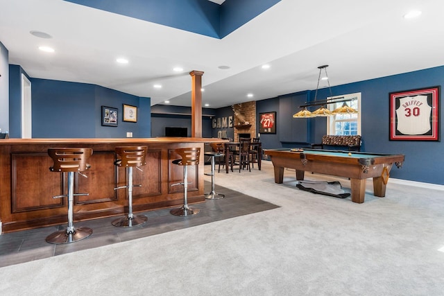 bar featuring pendant lighting, carpet, and billiards