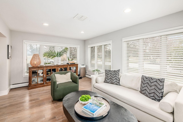 living room featuring a baseboard radiator and light hardwood / wood-style floors