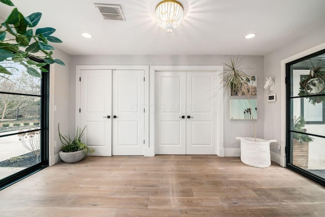 unfurnished bedroom featuring multiple closets, access to exterior, and light wood-type flooring