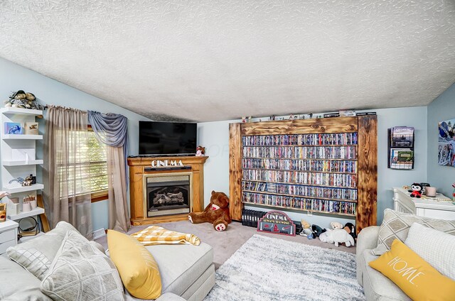 living room with carpet flooring and a textured ceiling