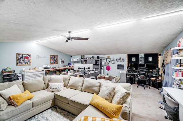 carpeted living room with lofted ceiling, ceiling fan, and a textured ceiling