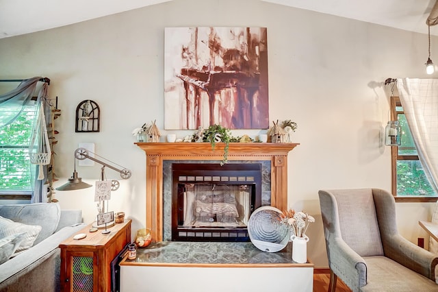 sitting room featuring vaulted ceiling