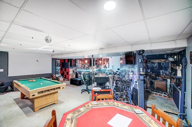 playroom with a drop ceiling, concrete floors, and pool table