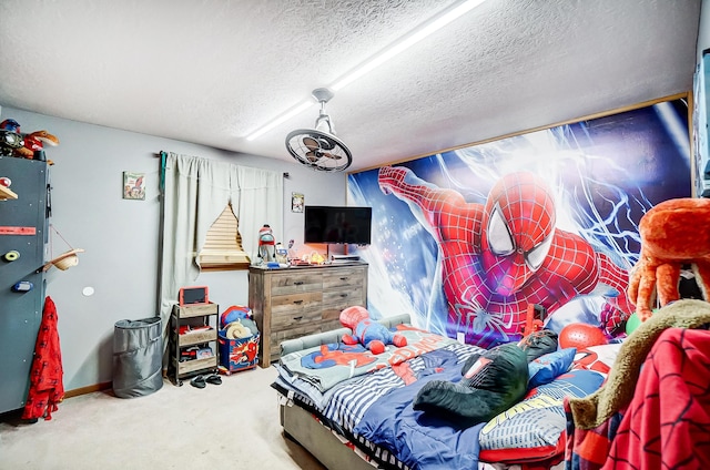 carpeted bedroom with a textured ceiling