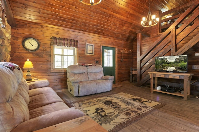 living room featuring a chandelier, dark hardwood / wood-style floors, vaulted ceiling, and wood ceiling