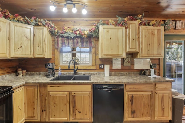 kitchen featuring wooden ceiling, sink, black appliances, and plenty of natural light