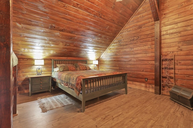 unfurnished bedroom featuring wooden walls, light hardwood / wood-style flooring, wood ceiling, and lofted ceiling