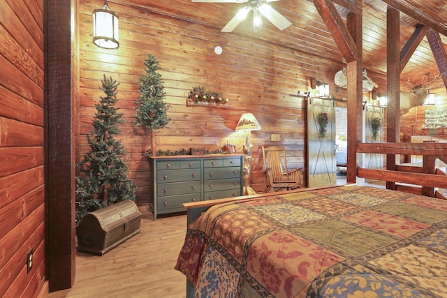 bedroom with vaulted ceiling with beams, wooden ceiling, light hardwood / wood-style floors, and wood walls