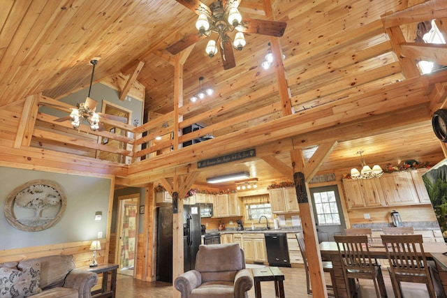 interior space with high vaulted ceiling, ceiling fan with notable chandelier, sink, beamed ceiling, and wood ceiling