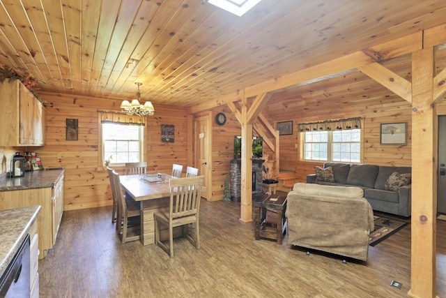 dining room featuring wooden walls, wood-type flooring, a notable chandelier, and wooden ceiling