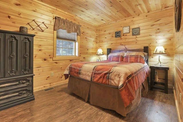 bedroom featuring dark hardwood / wood-style floors, wood ceiling, and wooden walls