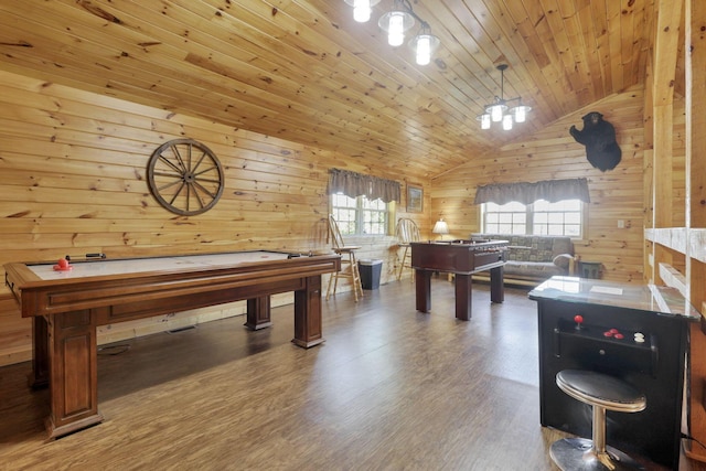 playroom featuring dark wood-type flooring, wooden ceiling, a notable chandelier, wood walls, and lofted ceiling