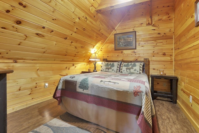 bedroom with hardwood / wood-style flooring, lofted ceiling, wooden walls, and wooden ceiling