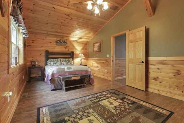 bedroom featuring wood-type flooring, vaulted ceiling, ceiling fan, and wood ceiling