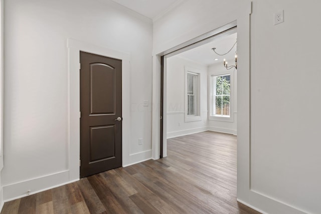 hall featuring dark hardwood / wood-style flooring, a chandelier, and ornamental molding