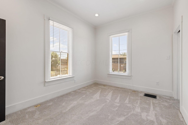 carpeted empty room featuring a wealth of natural light and crown molding