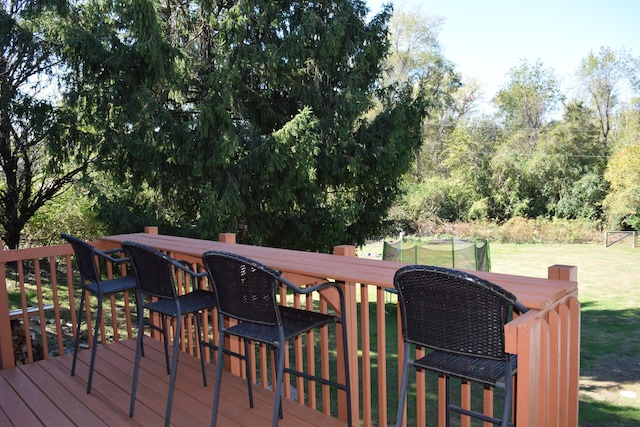 deck featuring a trampoline, an outdoor bar, and a lawn