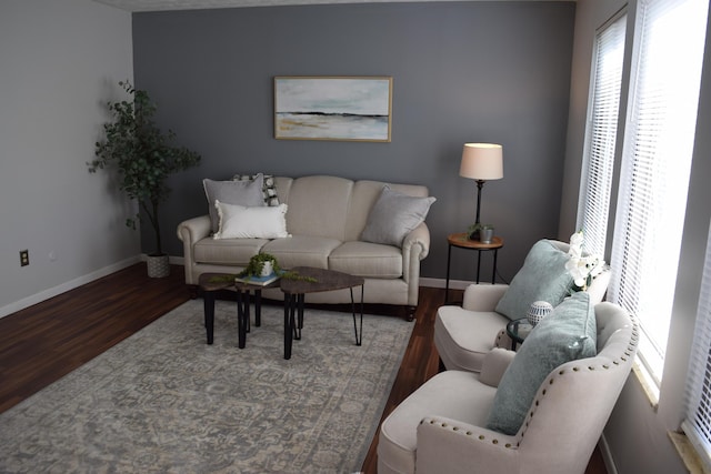 living room with a wealth of natural light and wood-type flooring