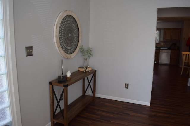 corridor featuring dark wood-type flooring