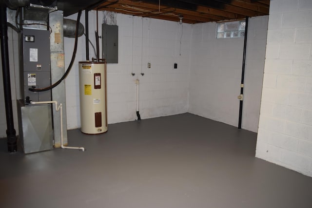 basement featuring electric water heater, heating unit, and electric panel