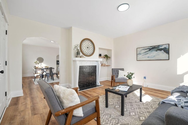 living room with a fireplace and wood-type flooring