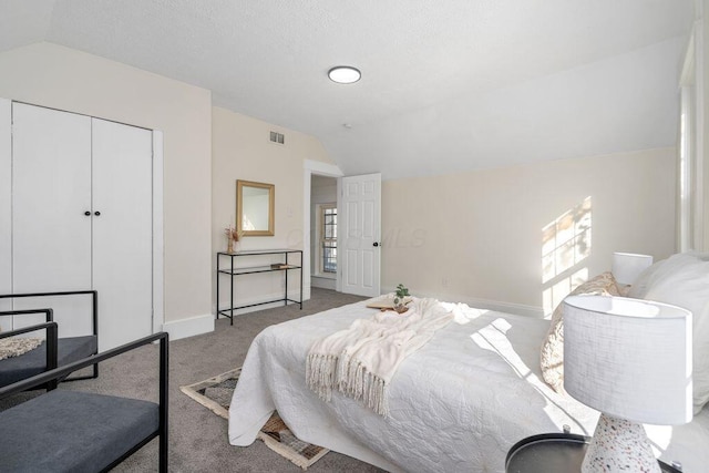 bedroom with carpet, multiple windows, a closet, and lofted ceiling