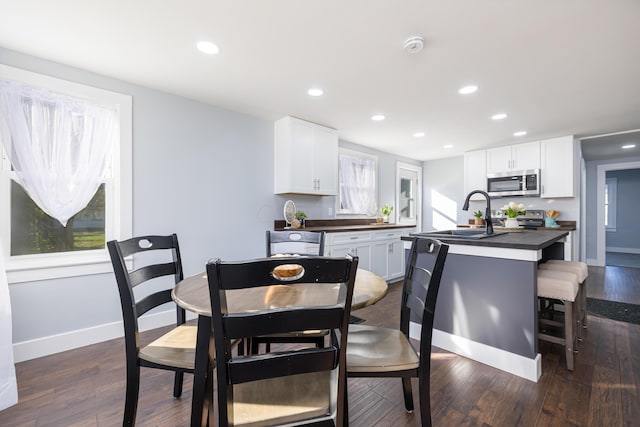 dining space with sink and dark hardwood / wood-style floors