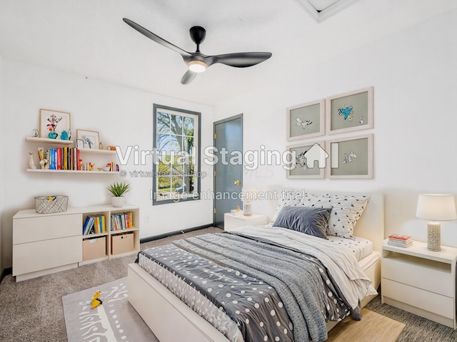 carpeted bedroom featuring ceiling fan