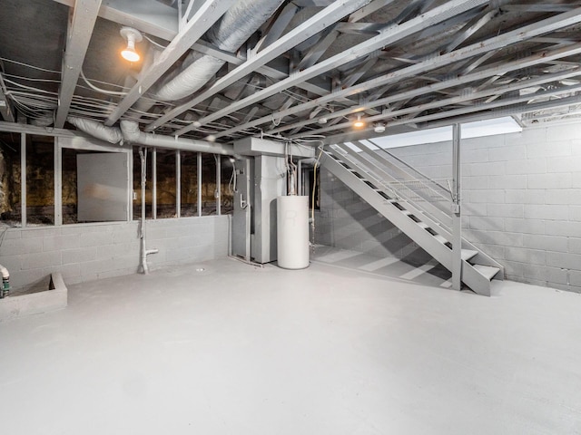 basement with heating unit and water heater