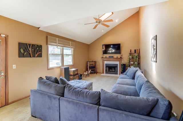 living room with light carpet, ceiling fan, and lofted ceiling