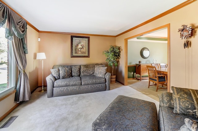 living room with light carpet and crown molding