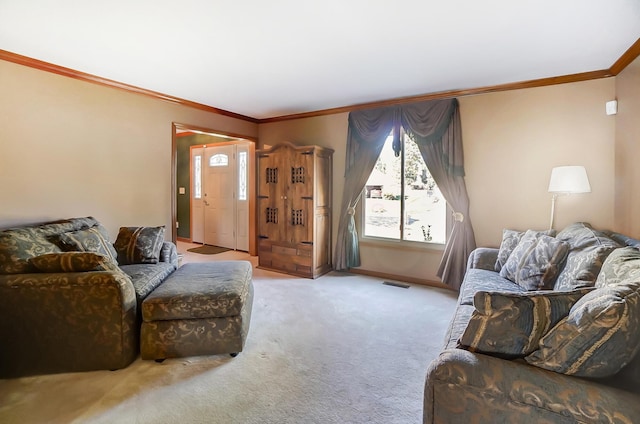 living room with light carpet and crown molding