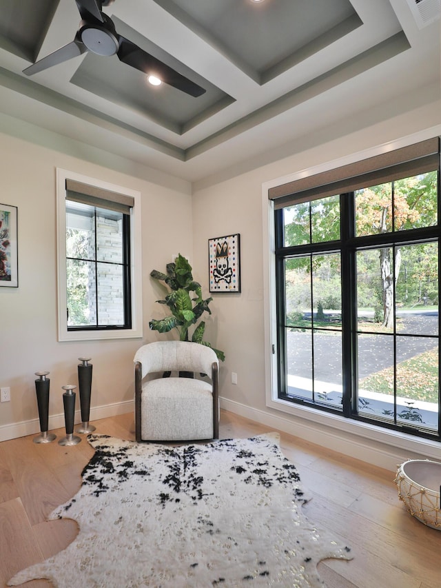 living area featuring ceiling fan and light wood-type flooring