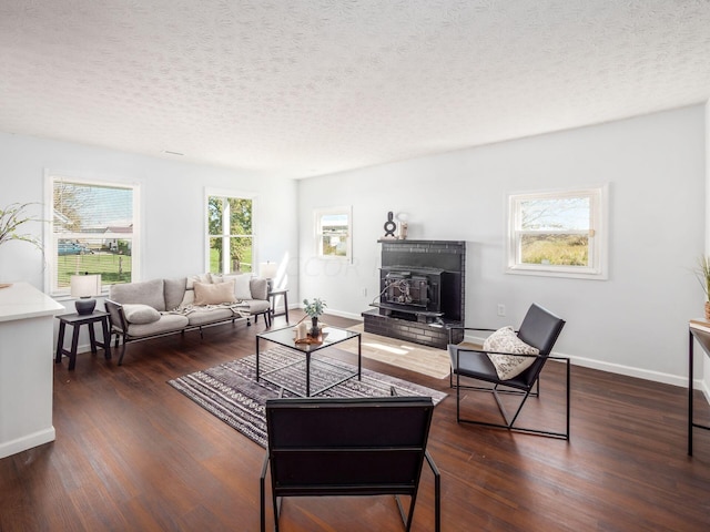 living room featuring a wood stove, a wealth of natural light, and dark hardwood / wood-style flooring