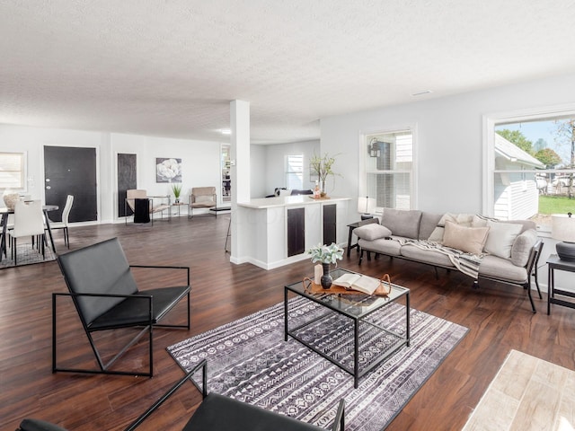 living room with dark hardwood / wood-style flooring and a textured ceiling