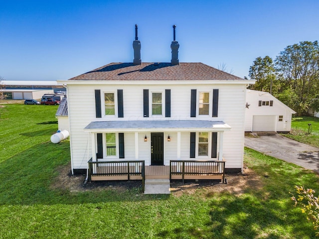 exterior space with covered porch and a front lawn