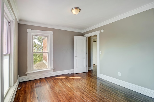 spare room featuring ornamental molding and dark wood-type flooring