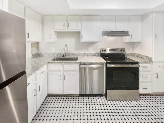 kitchen featuring light stone countertops, sink, white cabinets, and stainless steel appliances