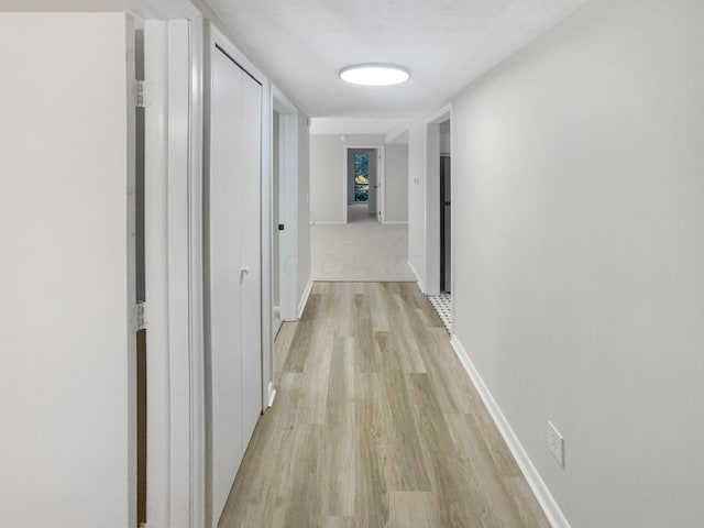 hall featuring a textured ceiling and light hardwood / wood-style flooring