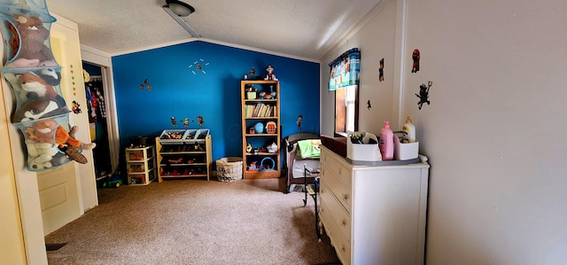 office with a textured ceiling, crown molding, carpet floors, and vaulted ceiling